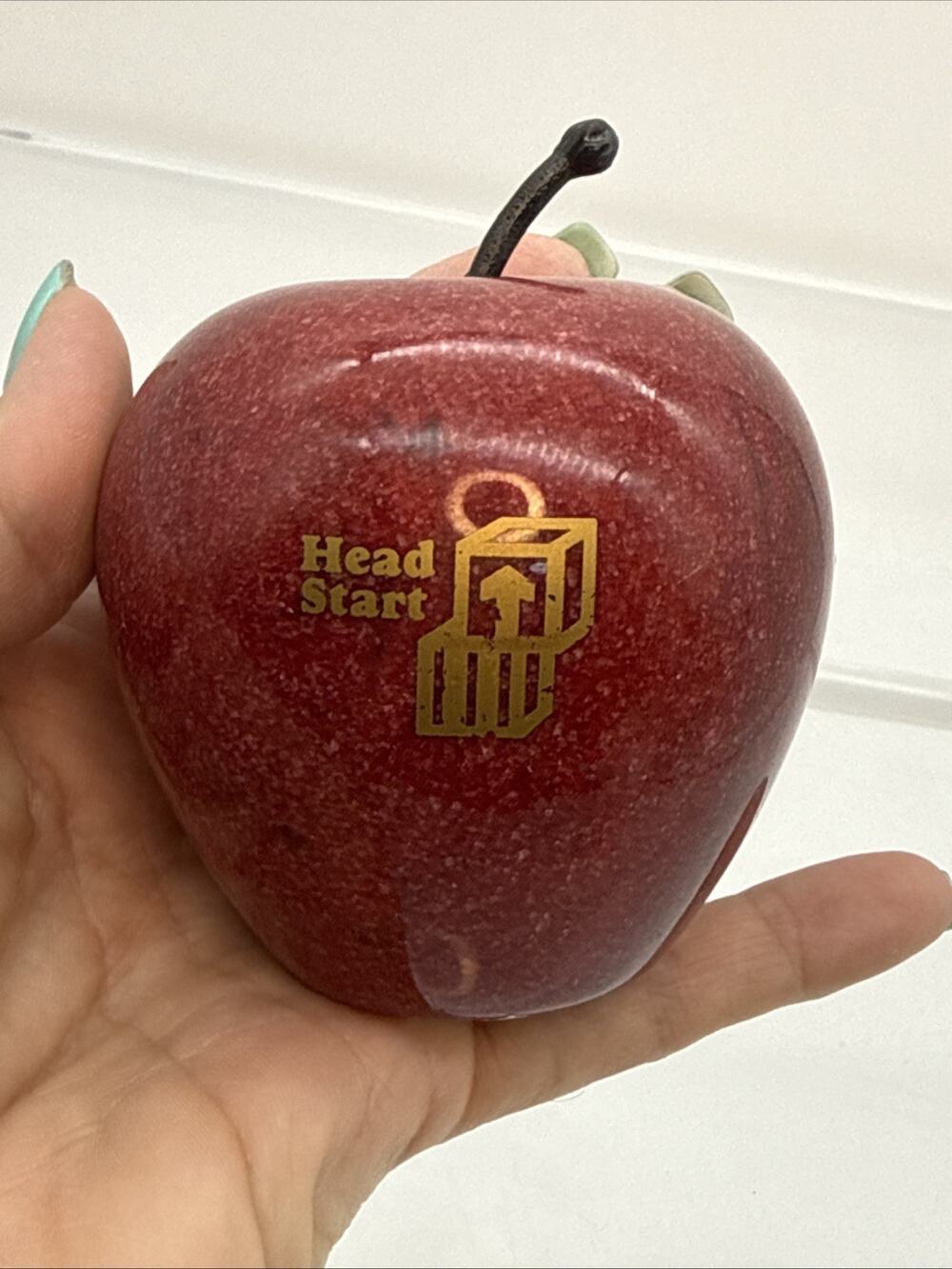 Vintage Head Start Red Marble Apple Paperweight Carved Alabaster Stone Fruit
